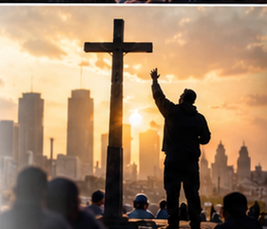 Street preaching near a cross at sunset